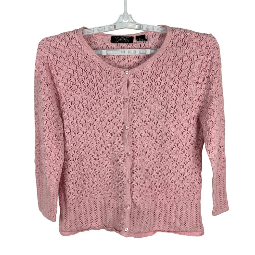 Crystal-Kobe Pink Lace Knit Cardigan XL Ramie & Cotton Blend Womens Sweater